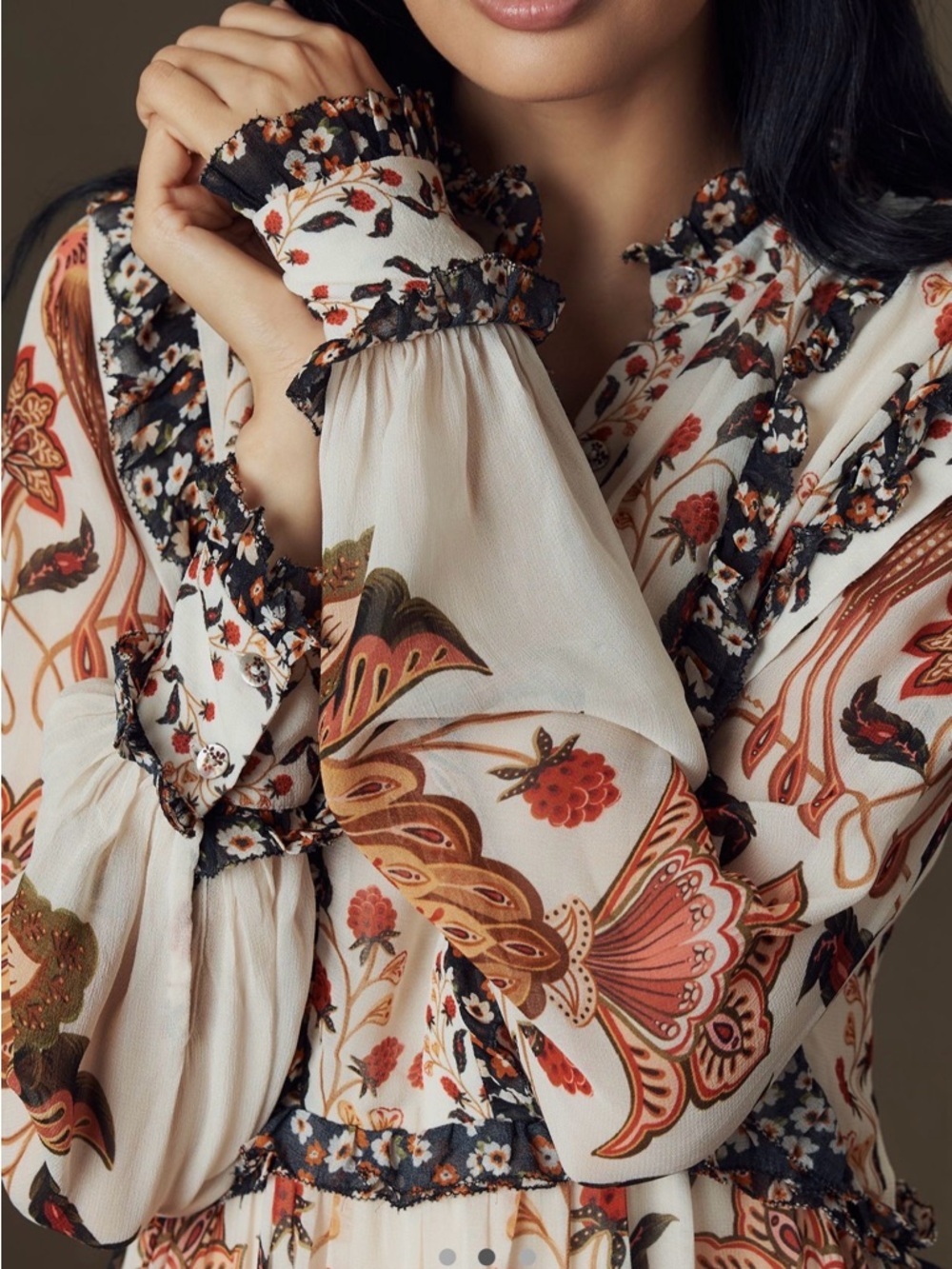 Farm Rio Floral Tiered Ruffle Long-Sleeve Mini Dress — Cream & Rust NWT Size med - Picture 2 of 3